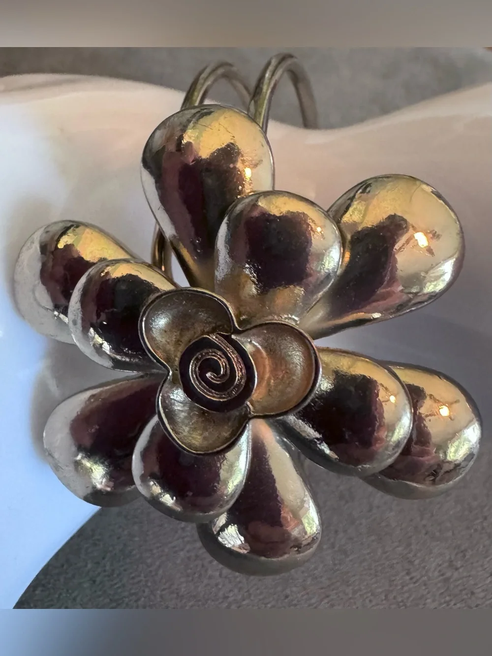 Silver Tone Hinged Floral Bracelet - Shiny Flower Accent